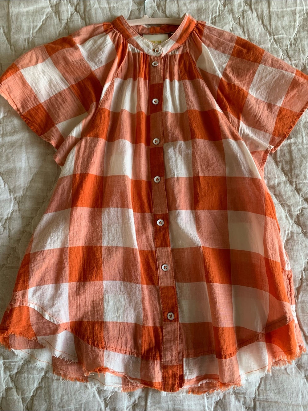 Anthropologie Maeve Orange & White Check Button-Front Cap Sleeve Top Size XS